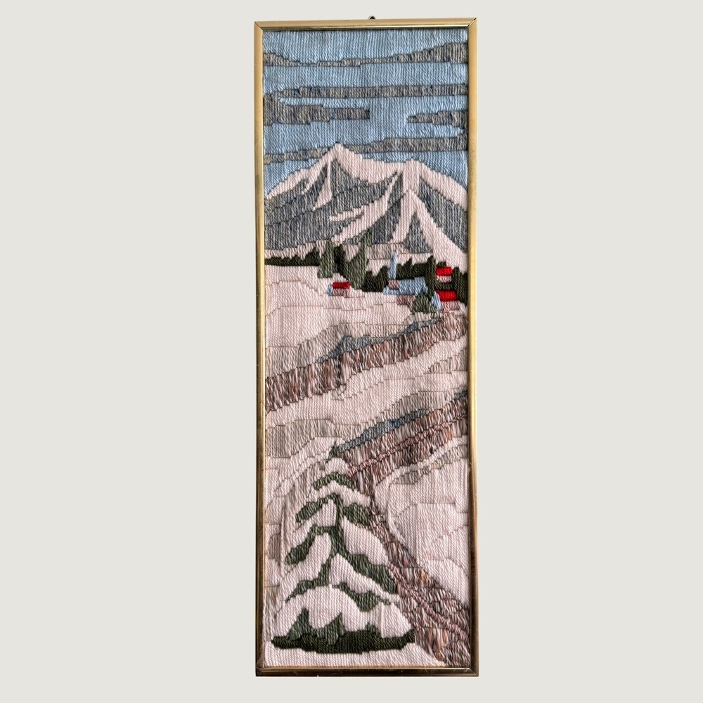 Vintage Needlepoint Yarn Art Winter Mountain Landscape Framed Snow Scene Cabin